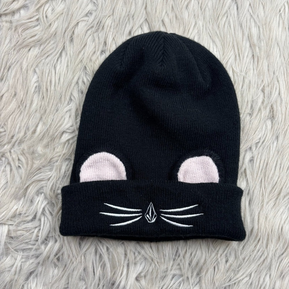 Volcom Women's OS Black Embroidered Mouse Ears Face Beanie Whimsy‎ Dopamine